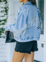 Jeansjacke mit Fransen im Used-Look