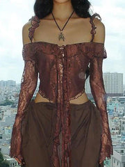 Blusa de manga larga tipo cárdigan con hombros descubiertos y encaje