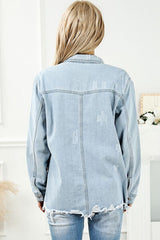 Distressed-Jeansjacke mit Knopfleiste und ausgefranstem Saum