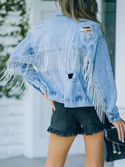 Jeansjacke mit Fransen im Used-Look