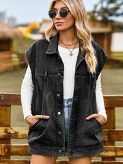 Ärmellose Jeansjacke mit Knopfleiste und Kragen