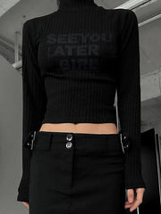 Jersey de punto ajustado de manga larga con cuello alto y canalé con estampado de letras