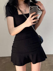 Short-Sleeve Square Neck Mini A-Line Dress - HouseofHalley