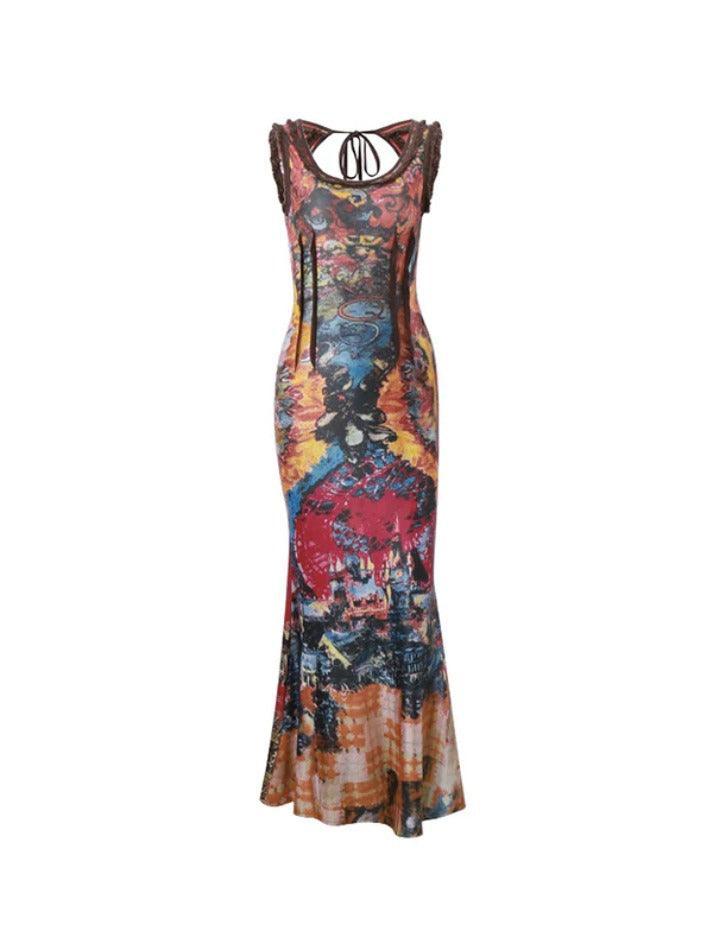 Vintage Random Print U Neck Backless Maxi Dress - HouseofHalley