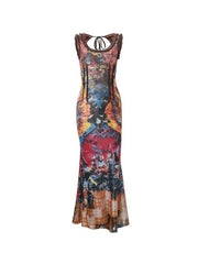 Vintage Random Print U Neck Backless Maxi Dress - HouseofHalley
