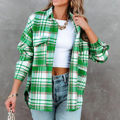 Chaqueta de cuadros con cuello alto y bajo y bolsillos