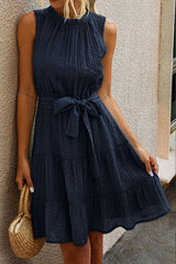 TIE WAIST SOLID CASUAL MINI DRESS