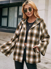 Pocketed Plaid Long Sleeve Hooded Jacket