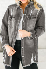Distressed-Jeansjacke mit Knopfleiste und offenem Saum