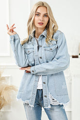Distressed-Jeansjacke mit Knopfleiste und ausgefranstem Saum