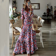 Elegant maxi dress with printed V-neckline