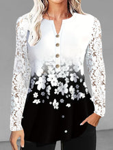 Plus Size Casual Blouse, Women's Plus Colorblock Floral Print Button Decor Contrast Lace Sleeve Notched Neck Slight Stretch Top