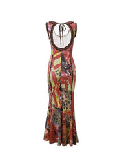 Vintage Random Print U Neck Backless Maxi Dress - HouseofHalley