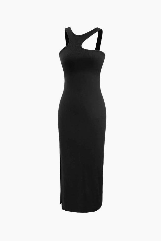 Asymmetric Rib Knit Slit Midi Dress - HouseofHalley