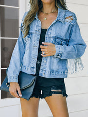 Jeansjacke mit Fransen im Used-Look