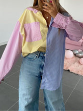 Colorful Pinstripe Splice Baggy Long Sleeve Blouse - HouseofHalley