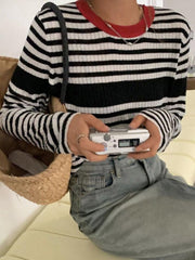 Jersey de punto ajustado de manga larga con rayas de colores en contraste