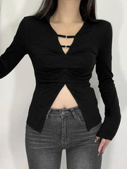 Solid V Neck Shirred Slit Long Sleeve Tee - HouseofHalley