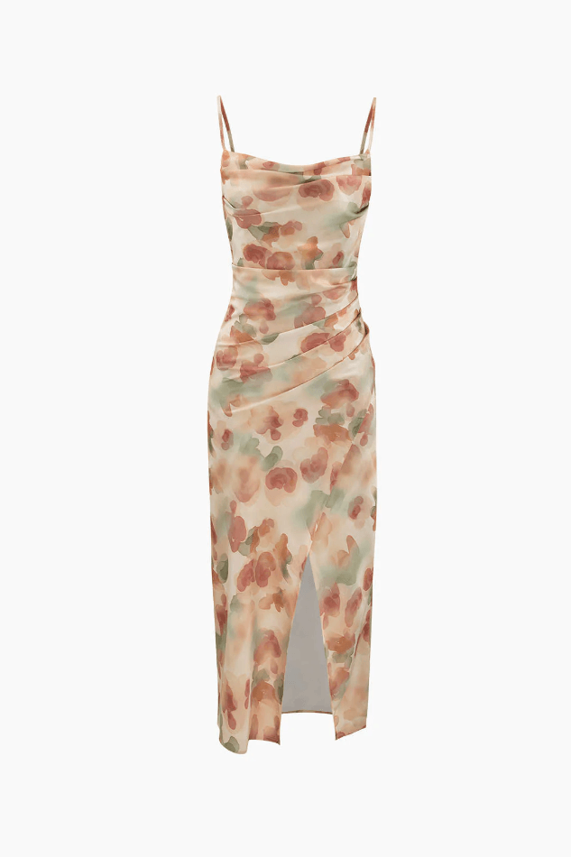 Floral Print Satin Wrap Slit Midi Dress - HouseofHalley