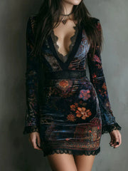 Velvet Printed Cheongsam Dress