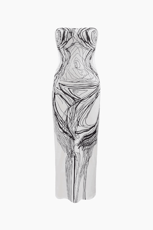 Line Print Strapless Midi Dress - HouseofHalley