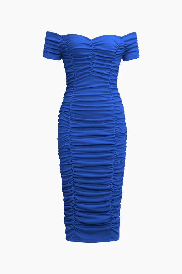Off The Shoulder Ruched Bodycon Midi Dress - HouseofHalley