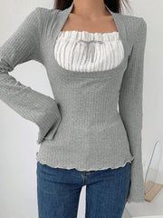 Patchwork Plissee Pilz He Langarm T-Shirt