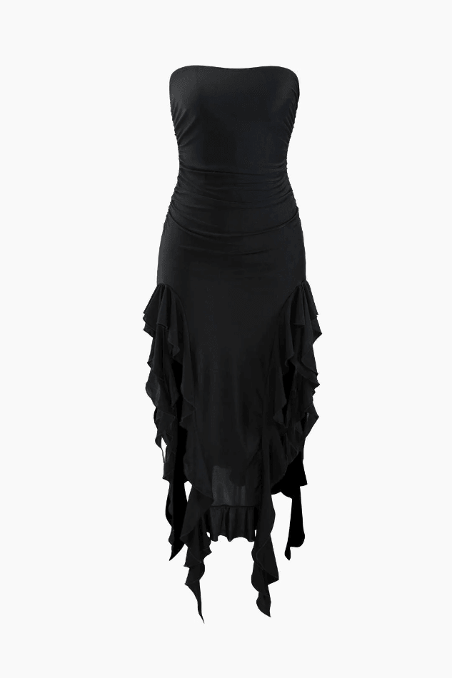 Ruffle Hem Slit Strapless Midi Dress - HouseofHalley