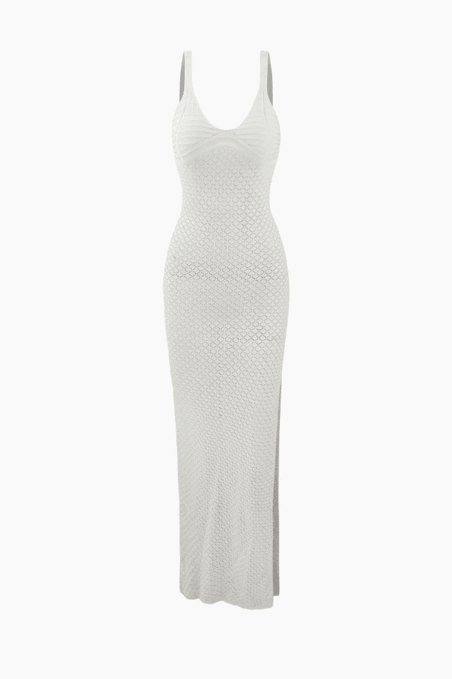 V-neck Slit Openwork Knit Cover Up Dress - HouseofHalley