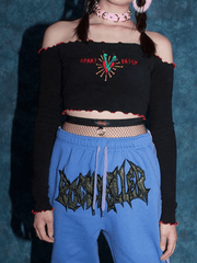 Vintage Embroidery Fungus Off Shoulder Long Sleeve Tee - HouseofHalley