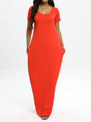 Freizeitkleid in Übergröße, Damen Plus Solid V-Ausschnitt A-Linie Kurzarm Seitentasche Maxi T-Shirt Kleid