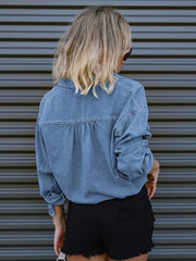 Loose Single-Breasted Button Lapel Drawstring Cropped Long Sleeves Denim T-Shirt