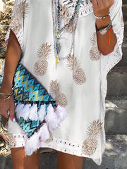 Casual Loose Lace V Neck Pineapple Print Mini Dress