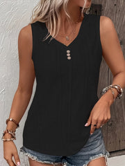 Camiseta sin mangas informal de talla grande para mujer, con cuello en V, elástica, con botones bordados y ojales de jacquard liso.