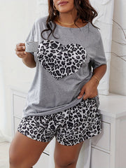 Lässiges Pyjama-Zweiteiler-Set in Übergröße, Damen-Pyjama-Set mit Leoparden-Herz-Print und kurzen Ärmeln