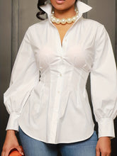 Plus Size Casual Blouse, Women's Plus Solid Button Up Lantern Sleeve Turn Down Collar Nipped Waist Blouse