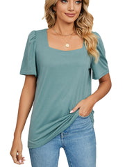 Solid Square Neck Short Sleeve Loose T-Shirt