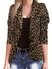 Elegant Leopard Print Open Front Lapel Long Sleeve Blazer