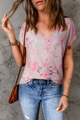 Rosa T-Shirt mit V-Ausschnitt und Blumenmuster
