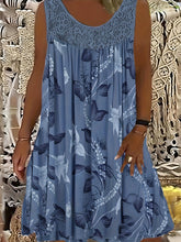 Lässiges Tankkleid in Übergröße, Tankkleid mit Blattdruck und kontrastierender Spitze und Rundhalsausschnitt in mittlerer Elastizität für Damen