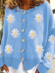 Plus Size Casual Cardigan, Women's Plus Floral Embroidery Button Up Long Sleeve Round Neck Sweater