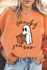 Orangefarbenes geripptes Pullover-Sweatshirt mit Geister-Print „Spooky Season“