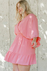 Pink Ruffled Knotted Open Back Wrap V Neck Plus Size Dress