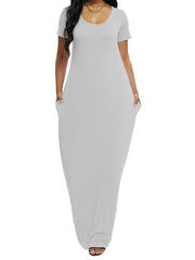 Freizeitkleid in Übergröße, Damen Plus Solid V-Ausschnitt A-Linie Kurzarm Seitentasche Maxi T-Shirt Kleid