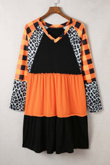 Orange Leopard Plaid Ruffled Long Sleeve Mini Dress