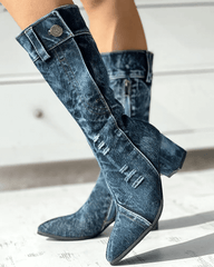 Women's Elegant Pointed Toe Denim Zipper Boots