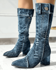 Women's Elegant Pointed Toe Denim Zipper Boots