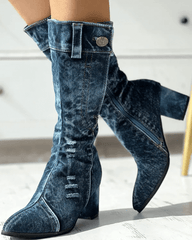 Women's Elegant Pointed Toe Denim Zipper Boots