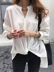 Chiffon Long Sleeve Solid Color V Neck Blouse