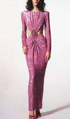 VESTIDO LARGO CON ESPALDA DESCONECTADA Y RECORTE DE LENTEJUELAS EN ROSA